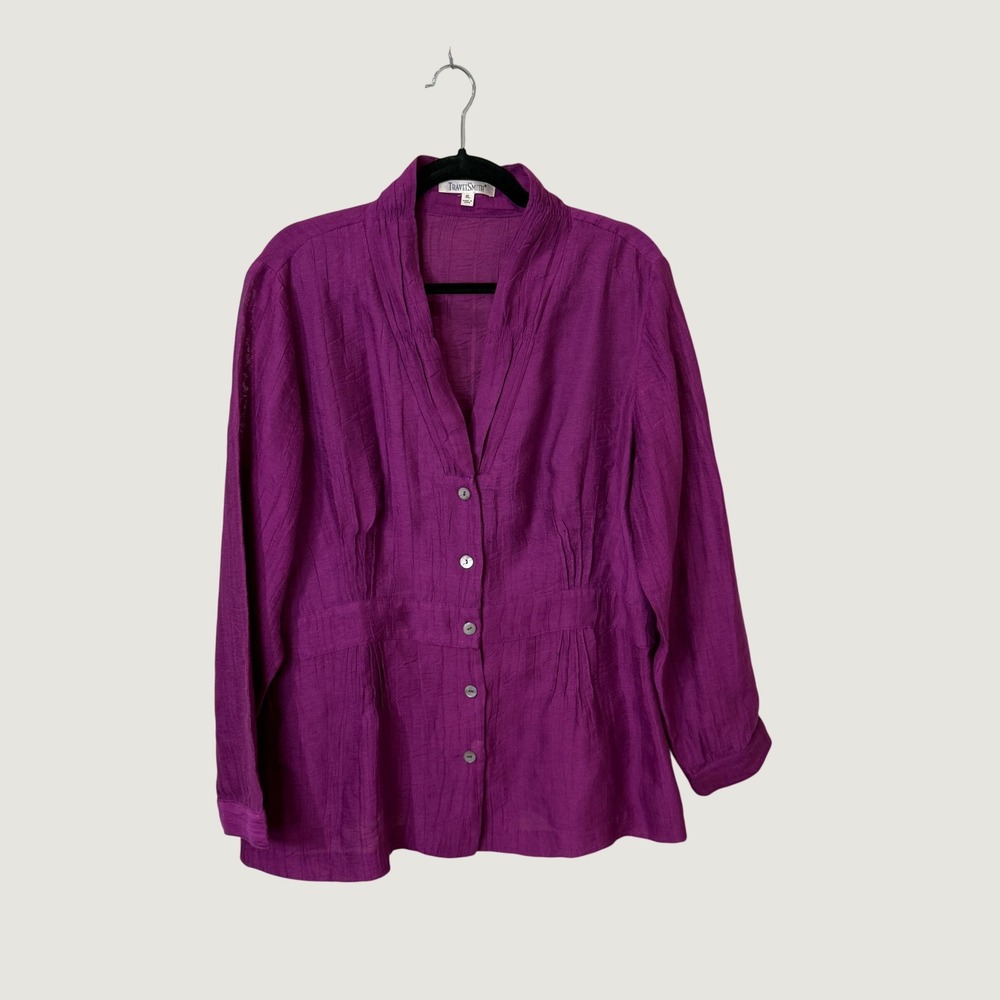 TravelSmith Button Up Blouse Magenta Purple Jewel Tone XL Ruched Fall Layering